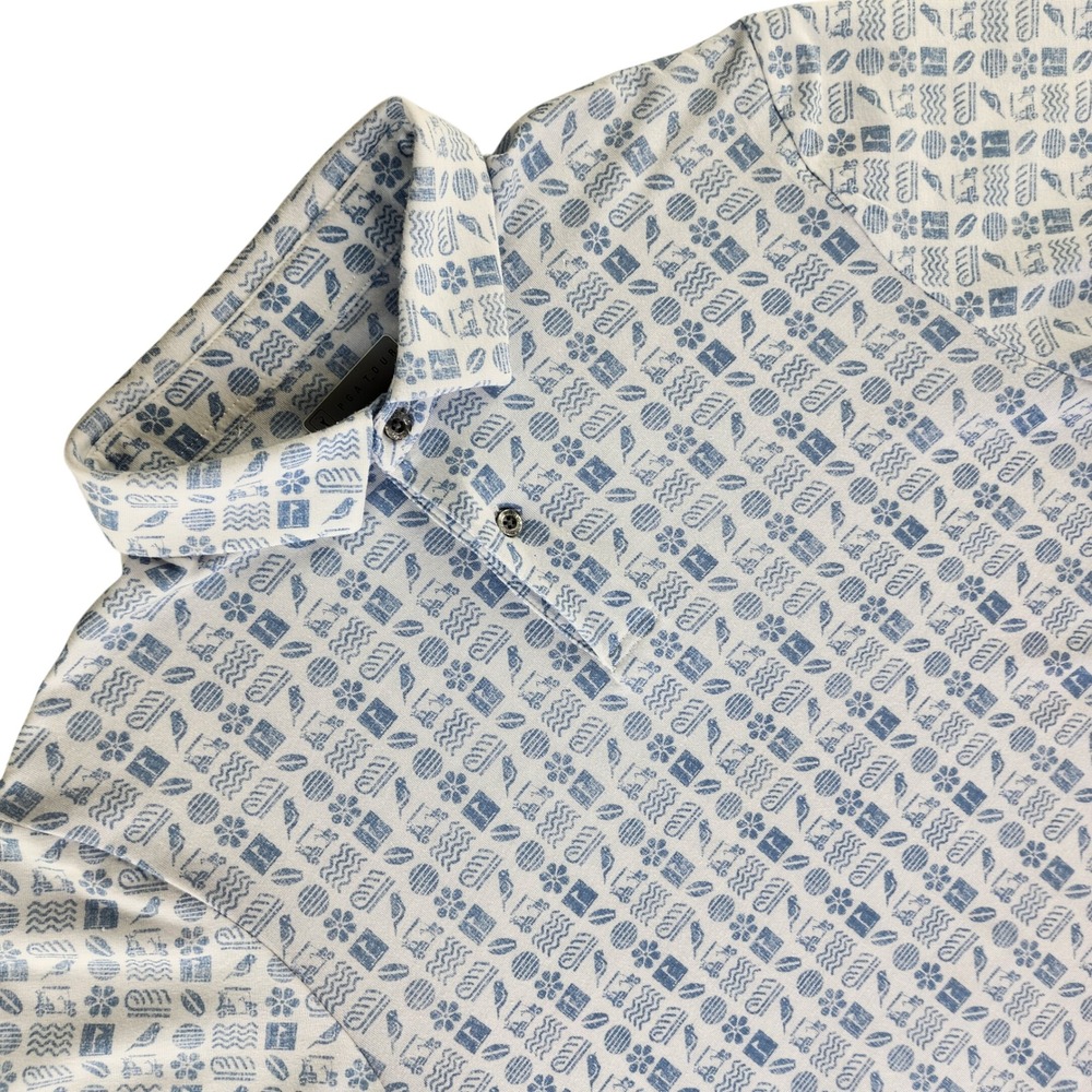 PGA Tour Polo Shirt Mens Small White Blue Novelty Golf Print